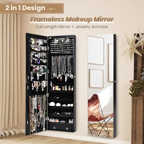 NAFORT 2 LEDs Jewelry Armoire with Full Length Mirror, 47.5" H Wall or Door Mounted Jewelry Cabinet with 2 Drawers, Lockable Jewelry Organizers and Storage, Hanging Jewelry Organizer, Black - Image 3