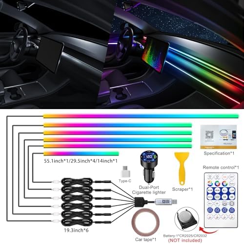 Dreamcolor Acrylic Interior Car LED Strip Light with USB/Type C/4-Port Cigarette Lighter,RGB 6 in 1 with 187 inches 650 LEDs Ambient Lighting Kits, Sound Active Function Neon Led Strips for Car - Image 2
