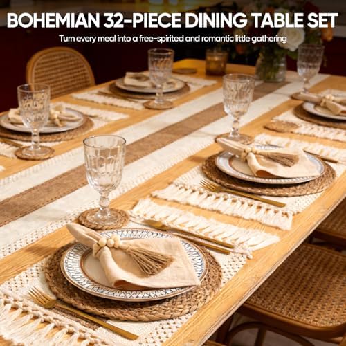 32 Pcs Boho Placemats Table Setting Set (6 Sets),Hand-Woven Natural Water Hyacinth Mats,Cloth Napkins,Napkin Rings,Linen Runner,Storage Basket&Coasters,Boho Kitchen Decor Dining Table Decor - Image 3
