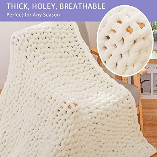 Bigacogo Chunky Knit Throw Blanket for Couch, 40x60 inches, Ivory - Image 4