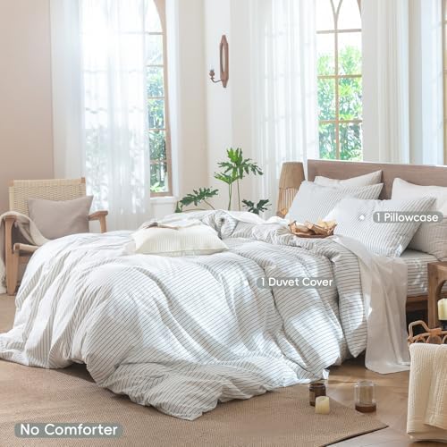 MooMee Striped Duvet Cover Set 100% Washed Cotton Linen Like Twin - Image 2
