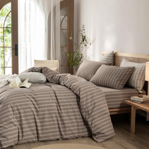 BESTOUCH Striped Cotton Duvet Cover Set Linen Feel Oversized King - Image 4