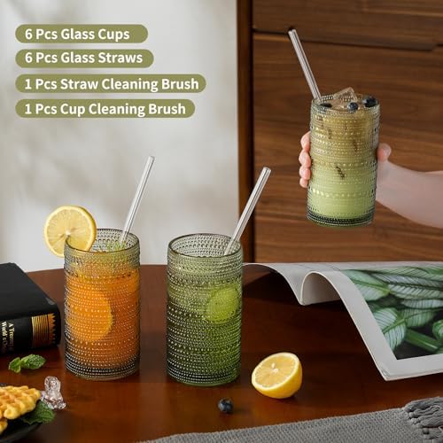 Vintage Hobnail Drinking Glasses Set of 6, 16 oz Large Capacity Embossed Green Tumblers, Highball Glasses for Water, Cocktail, Beer, Whiskey, Kitchen & Bar Use - Image 6