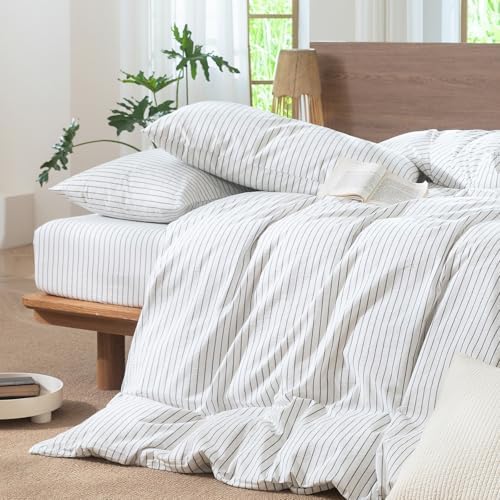 MooMee Striped Duvet Cover Set 100% Washed Cotton Linen Like Oversized King - Image 5