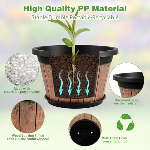 Quarut 4 Pack 10 inch Plant Pots,Whiskey Barrel Planters for Indoor Outdoor - Image 4