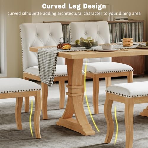 LUMISOL 6-Piece Dining Table Set with Bench, Farmhouse Kitchen Table Set with 4 Upholstered Button Tufted Chairs, Nailhead Trim & Curved Wood Legs, Natural - Image 5