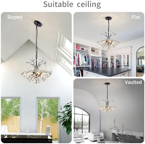 WUZUPS Crystal Chandelier Pendant Flushmount Ceiling Light Modern Lighting Fixture for Bedroom Hallway Bar Kitchen Bathroom, H 15.7" x W 17.7", Black, E12 Base - Image 6