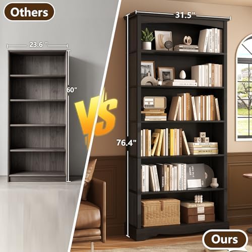 TVU 6-Tier Wooden Bookshelf, 76 Inch Tall Bookshelf with Storage, Floor Standing Modern Style Display Bookcase for Living Room, Office, Study Room, Entryway, Black - Image 7