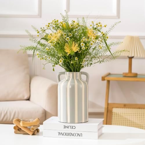 SURE YUESI Grey Ceramic Vase with Handles, Modern Farmhouse Striped Decorative Vase, 9.1" Art Deco Tall Flower Vases for Pampas Grass, Shelf Decor, Dining Table Centerpiece, Living Room Home Decor - Image 7