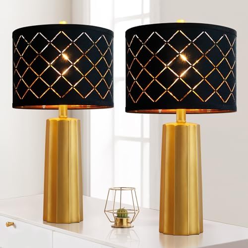 Set of 2 Modern Table Lamps for Living Room Bedroom, Gold Nightstand Resin Lamps with Black Grid Shade, Contemporary Desk Lamps for Bedside End Tables, 2 Bulbs Included (Gold) by RORIANO