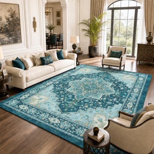Amada Vintage Washable Area Rug,9'x12',Teal Blue - Image 4