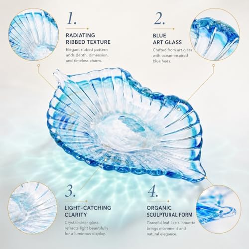 Hand Blown Glass Seashell Fruit Bowl,Gradient Decorative Glass Bowl for Kitchen Countertop,Coastal Seashell Serving Tray for Fruit Snacks,Art Table Centerpiece for Beach House Kitchen Decor (Blue) - Image 6