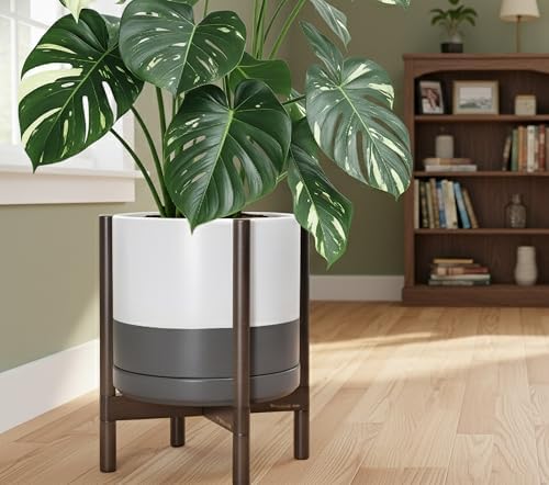 D'vine Dev Ceramic Pot with Walnut Wood Stand, White/Grey, 14 in, 55-B-T-6 - Image 6