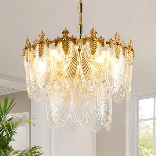 Antique Chandeliers 2-Layer Gold Crystal Glass Chandelier, 4-Light Round Pendant Light 17.7" Brushed Brass Adjustable Height, Applicable to Dining Room, Bedroom, Living Room, Foyer, Kitchen Island by KELUOLY
