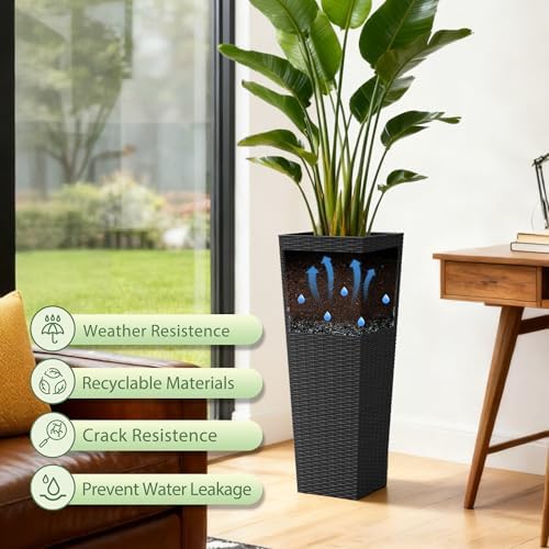 Greesum 32 Inch Tall Plastic Planters with Rattan Texture – Set of 2, Black - Image 3
