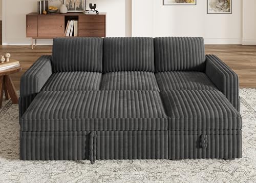 HONBAY Modular Sectional Sofa with Pull Out Bed,Corduroy L Shaped Sleeper Sofa with Storage, Sectional Couches for Living Room,Dark Grey - Image 3