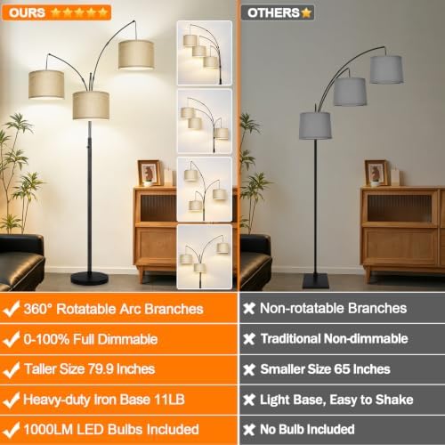 Nintiue Dimmable Floor Lamp, 3 Lights Black Arc Floor Lamp, Modern Tall Standing Tree Lamp with Champagne Linen Shades & Heavy Base, 3000LM LED Bulbs, Bright Lighting for Living Room, Bedroom, Office - Image 2