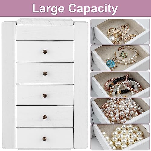 Meangood Jewelry Box Wood for Women, 6-Layer Large Organizer Box with Mirror & 5 Drawers for Rings, Earrings, Necklaces, Vintage Style, White - Image 3