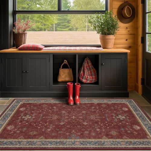 Washable 3x4 Rugs for Entryway - Burgundy Large Kitchen Rug, Non Slip Inside Door Mats for Home Entrance, Unique Bohemian Red Low Pile Thin Carpet for Bedroom Bedside, Foyer - Image 6