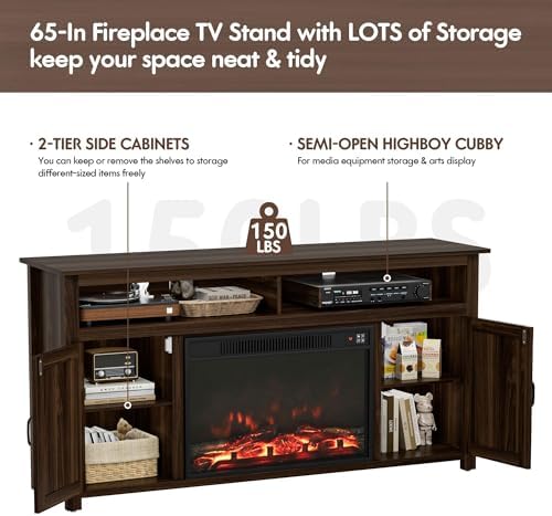 YESHOMY Farmhouse Fireplace TV Stand for Television up to 65+ Inch, Walnut - Image 3