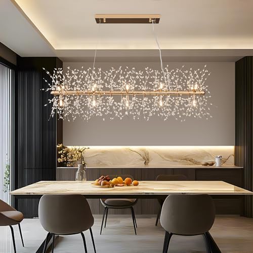Modern 47.2" Modern Gold Crystal Firework Chandelier, 15-Light Pendant Light Fixture, Rectangle Linear Sputnik Dandelion Chandeliers for Dining Room Kitchen Living Room by witkey
