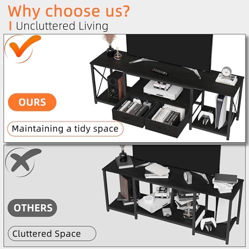 GYIIYUO TV Stand with Fabric Drawer for 50 55 Inches TV - Entertainment Center and Industrial TV Console Table with Open Storage Shelves for Living Room, Bedroom - 47" Black - Image 3