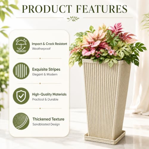 NicBex 24" Tall Planters for Outdoor Plants Set of 2 Square Fluted,Beige - Image 4