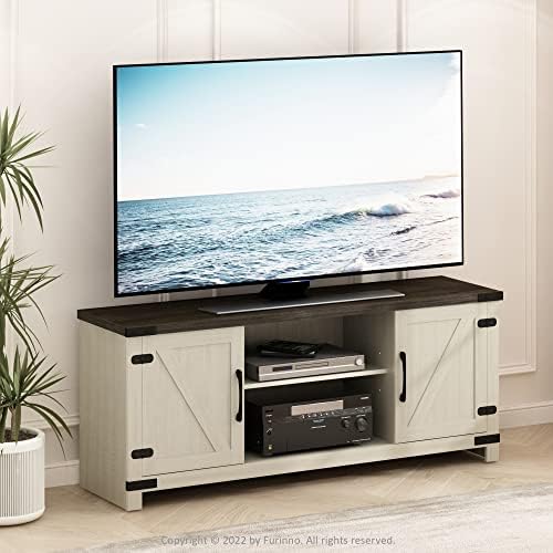 Furinno Jensen Farmhouse Barn Door Living Room TV Stand with Storage Cabinets for TV up to 70 Inch, Ebony/White Wash - Image 2