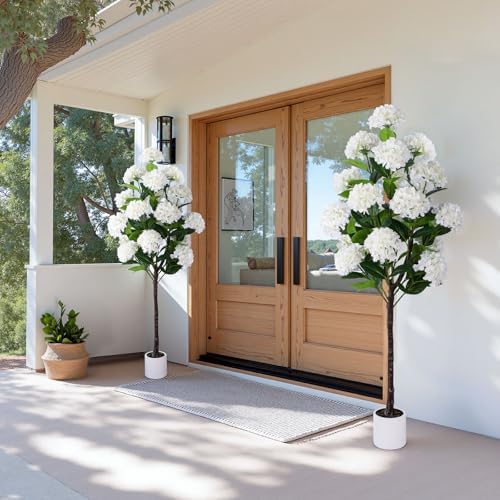 YEPDIN Set of 2 Artificial Hydrangea Tree 6ft- Large Faux Hydrangea Plants Indoor Outdoor，Fake Flower Trees with White Tall Planter for Home Garden,Front Decor by Yepdin