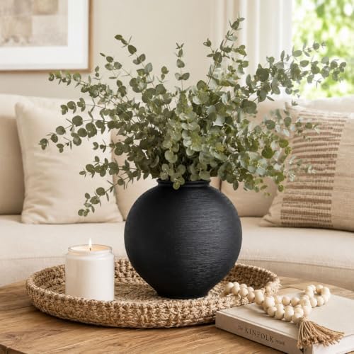 Large Blak Ceramic Vase - 9 Inch Large Black Round Vase, Rustic Farmhouse Vase for Home Decor, Dining Table, Shelf, Bedroom, Living Room, Kitchen, Office, Bathroom, Mantle, Centerpiece Décor - Image 4