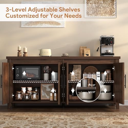 knoworld Modern Buffet Cabinet with Storage, 63" Fluted Sideboard Cabinet with Adjustable Shelves, Wood & Multi-Functional Coffee Bar Console for Kitchen Room, Bedroom, Living Room & Entryway Walnut - Image 3