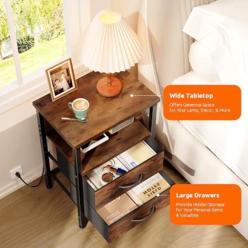 Lazzanto Night Stand with Charger Station for Bedroom, Brown Nightstand - Image 6