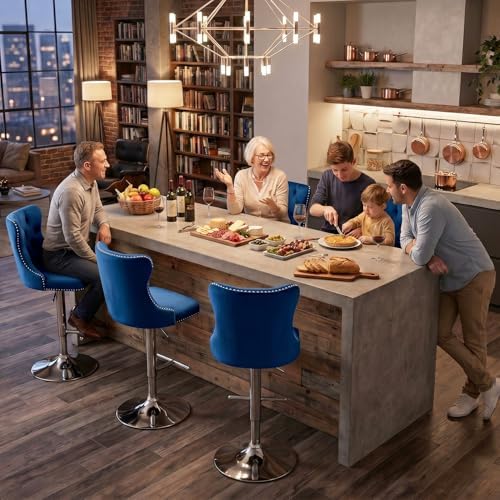 SoarFlash Velvet Bar Stool Set of 6, Adjustable Swivel Bar Stools with Silver Plated Metal Leg, Button Tufted, Footrest, Chrome Nailhead, Counter Height Chair for Kitchen, Bar, Dining Room (Blue) - Image 3
