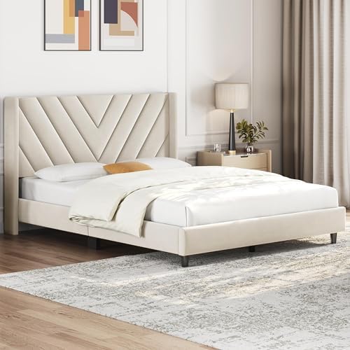 Yaheetech Full Bed Frame with Chevron Channel-Tufted Headboard, Beige - Image 3