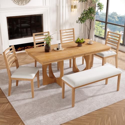 VilroCaz 6-Piece Acacia Wood Extendable Dining Table Set with Chairs& Bench by VilroCaz