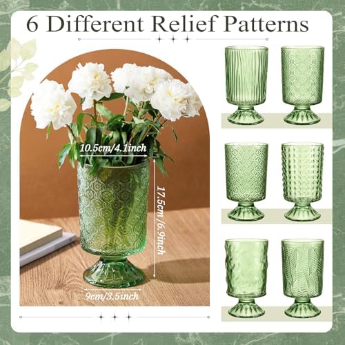 6 Pcs (H:7" W:4") Embossed Flower Vase Pedestal Glass Vase, Green - Image 2