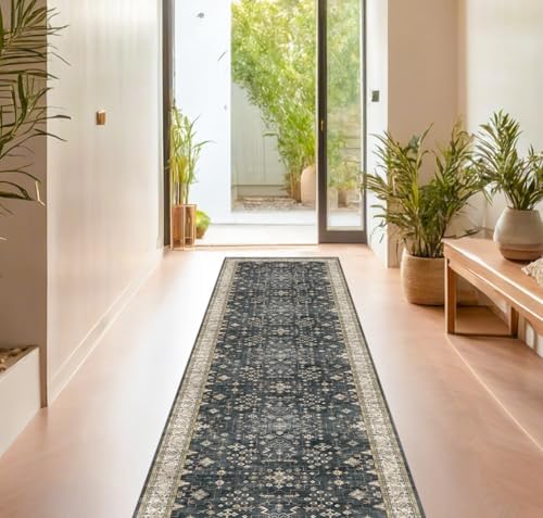 Hazo Haus Black Boho Washable 3x16 Extra Long Runner Rug for Hallway, Waterproof Large Kitchen Floor Rug, Non-Slip Stain & Fade Resistant, Vintage Floral Decor by HazoHaus
