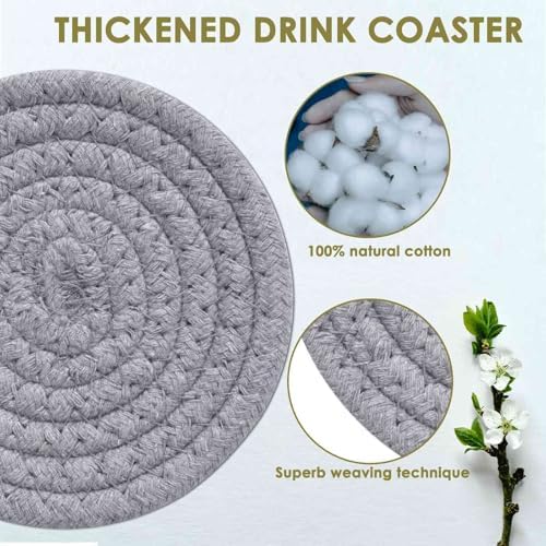 Drink Coasters 8 Pack with Holder, 4-Color Cotton Woven Absorbent Coasters Set, Minimalist 4.3in Cup Mat for Home Decor, Dining Table, Living Room, Tabletop-Protection for Coffee Beverage-Grey - Image 6