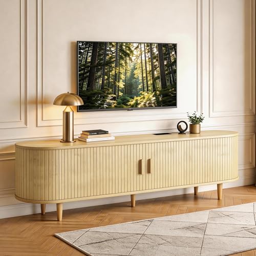 MXV 65" TV Stand with Sliding Doors for Living Room, Mid Century Modern Entertainment Center, TV Console with Fluted Door Cabinets and Power Outlet, Oak by Unknown