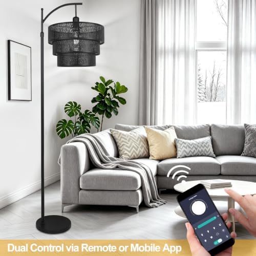 AHDWDW Arc Floor Lamp for Living Room Bedroom,Mid-Century Modern Floor Lamps with Remote,Black Dimmable Standing Tall Lamp for Corner Office,3-Tier Drum Metal Lampshade with Forest Tree Design - Image 4