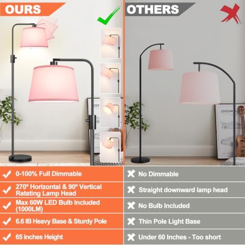 【Upgraded】 Dimmable Floor Lamp, 1000 Lumens LED Edison Bulb Included, Arc Black Floor Lamps for Living Room Modern Standing Lamp with Pink Shade, Tall Lamps for Living Room Bedroom Office Dining Room - Image 2
