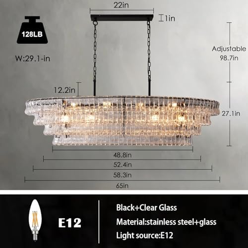 Large 65 Inch Black Rectangular Chandelier for Dining Room Modern, Clear Glass Drum Pendant Light, Extra Long Kitchen Island Lighting - Image 3