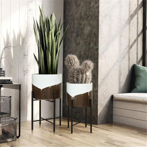 LuxenHome Large Planters with Black Metal Stand, White and Brown, Set of 2 - Image 3