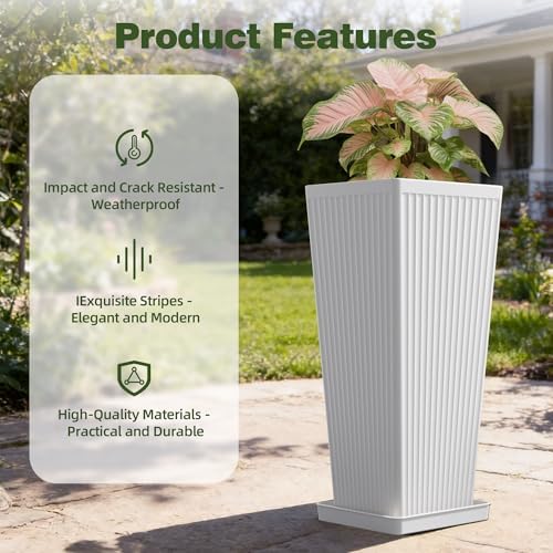 Square Tall Planters for Outdoor Plants with Tray - 24" White 2Pack - Image 4