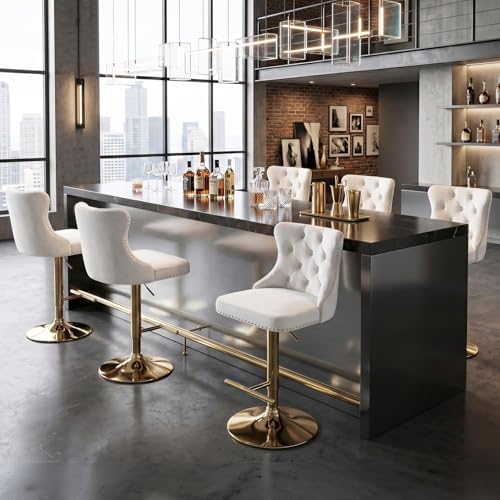 SoarFlash Velvet Bar Stool Set of 6, Adjustable Swivel Bar Stools with Gold Plated Metal Leg, Button Tufted, Footrest, Chrome Nailhead, Counter Height Chair for Kitchen, Bar, Dining Room (Beige) by SoarFlash