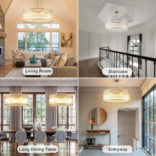 37" Modern Gold Round Chandelier,2-Tier 8-Light Water Ripple Crystal Glass Chandeliers,for Dining Room,Living Room,Bedroom,High Ceiling,Foyer Entryway,Luxury Chandelier - Image 5