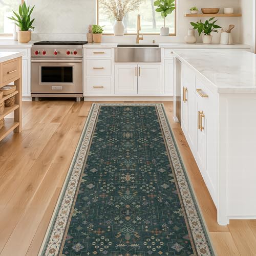 Hazo Haus Dark Green Kitchen Rug 10 ft Long - Modern Vintage Boho Unique Floral with Gold Accent, Washable Low Pile Non-Slip Extra Long Wide Runner Rugs for Hallway, 3x10 - Image 3
