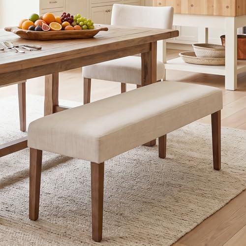 HNY Farmhouse Upholstered Dining Bench Seat, 45" Linen Entryway Bench with Natural Wood Legs, Mid Century Modern End of Bed Bench for Kitchen Bedroom Living Room Hallway, for 2-3 Person, Beige by HNY