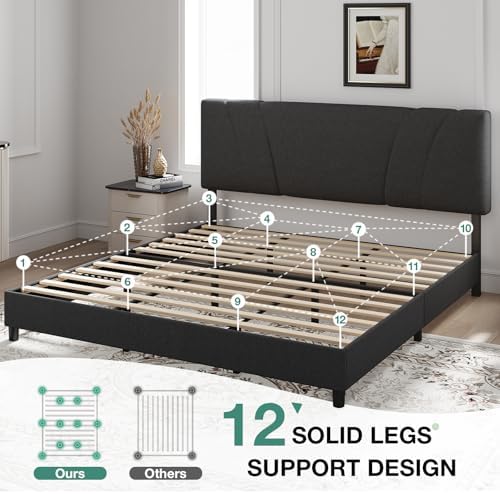Novilla King Size Bed Frame with Adjustable Headboard Platform King Bed Frame Linen Fabric Upholstered Headboard, No Box Spring Needed, Noise-Free, Wooden Slats Support, Easy Assembly, Dark Grey - Image 5