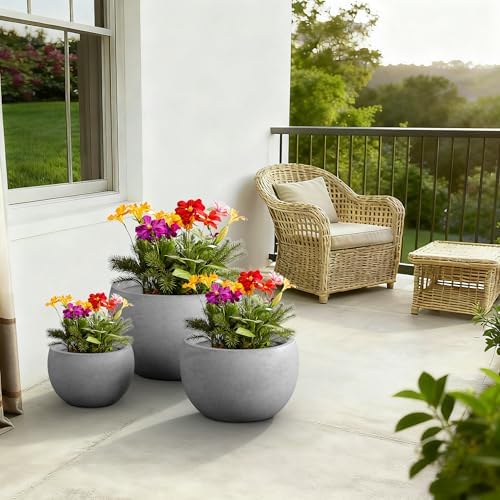 Kante Set of 3 Pale Gray Concrete Bowl Planters 20" 15.7" 11.8" Dia - Image 3